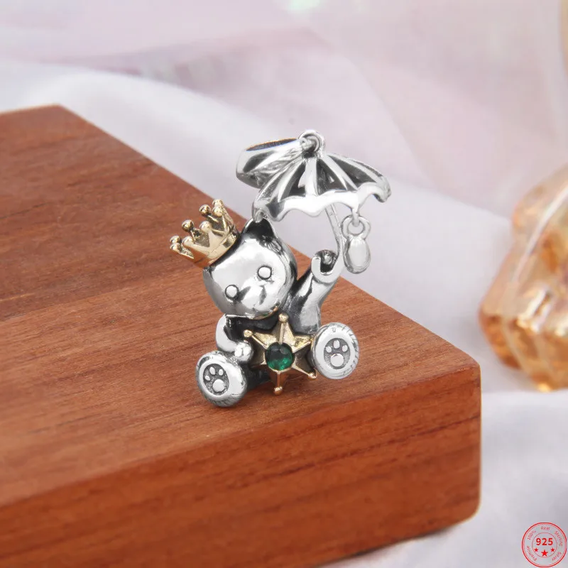 

S925 Sterling Silver Charm Pendants 2022 New Fashion Umbrella Bears Picking Stars Pure Argentum Hanging Jewelry for Man Women