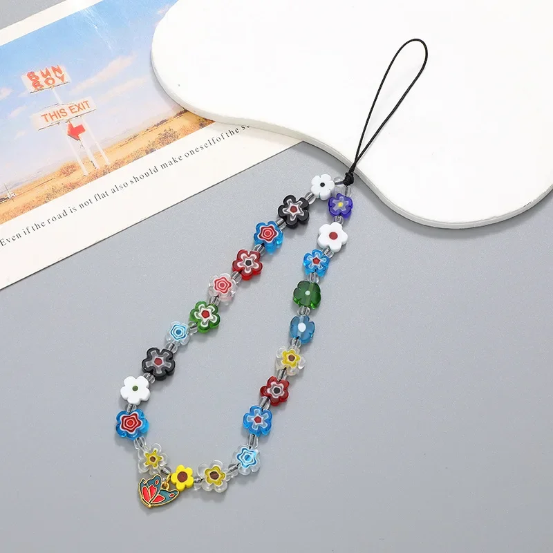 Acrylic Cute Butterfly Beaded Phone Chain Jewelry Lanyard for Women Birthday Gift Bow Flower Eyes Charm Non-slip Phone Case Rope