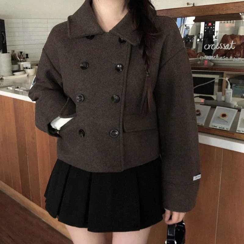 Korean Style Short Double Breasted Woolen Jacket Retro Flap Collar Polyester Fiber Women's Fashion Outerwear for Autumn Winter