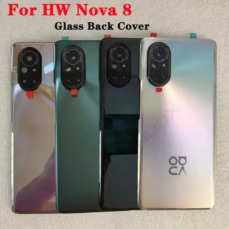 New For Nova 8 Tempered Glass Back Cover Spare Parts For HW Nova 8 Back Battery Cover Door Housing + Camera Frame