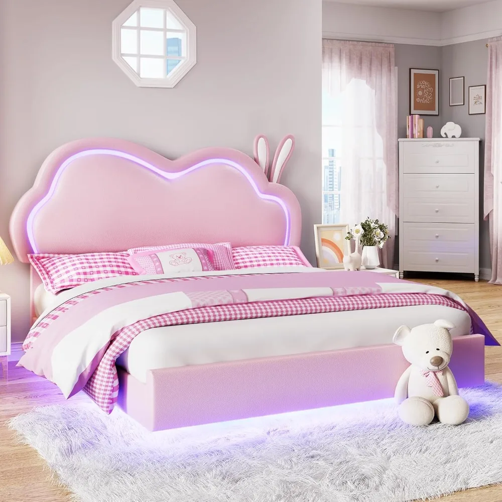 bedstead.LED Queen Bed Frame for Girls Upholstered Floating Bed with Cute Cloud Headboard, No Box Spring Needed, Leather, Pink