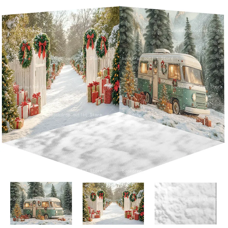 

Мехофонд Зима Рождество Кемпинг Автомобиль Фон для фотосъемки Белый забор Двор Рождественская елка Снежинка Лес Фон Декор