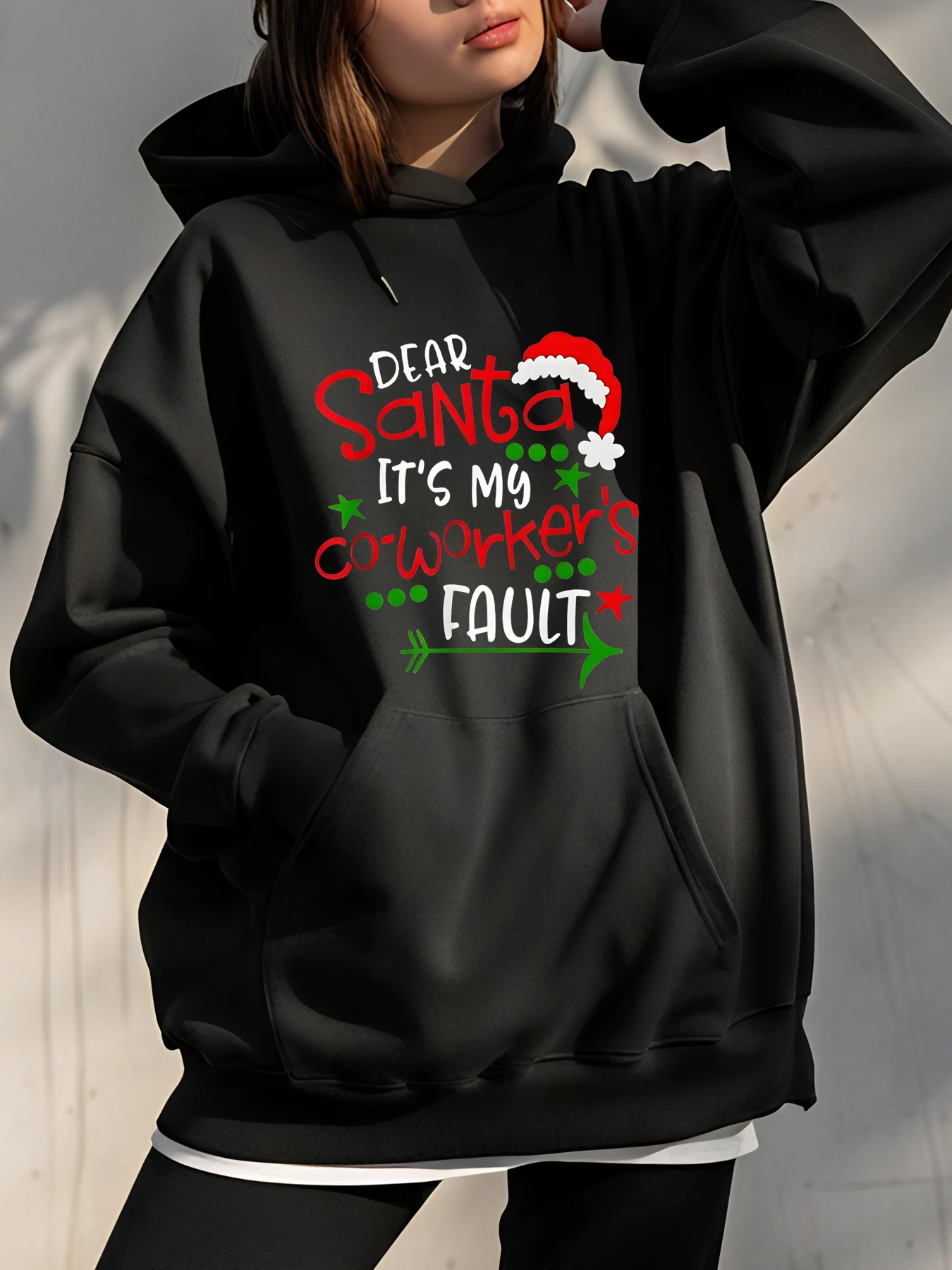 

Толстовка с рождественским принтом в повседневном стиле, праздничный дизайн, шляпа Санта-Клауса и звездным узором для женщин, офисная праздничная одежда