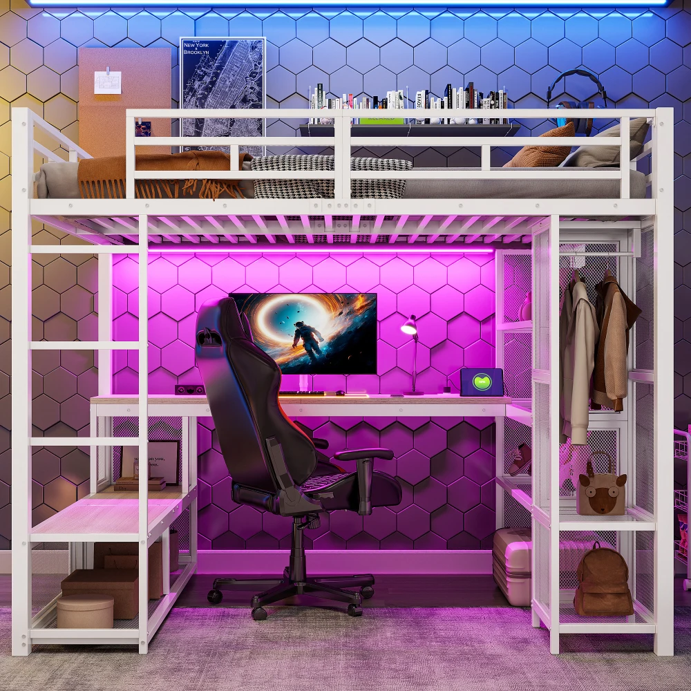 140 x 200 cm großes Hochbett aus Metall mit Stauraum und offenem Kleiderschrank, Kinderzimmerbett mit USB-Anschluss und LED-Beleuchtung, Schwarz/Weiß – Detail 19