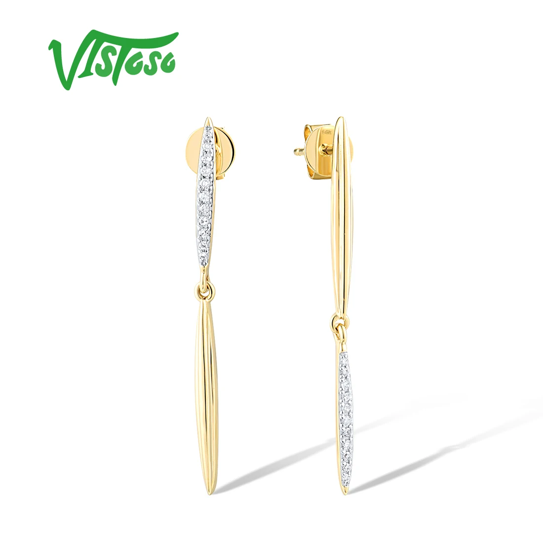 

VISTOSO Pure 14K 585 Yellow Rose Gold Stud Earrings For Women Sparkling Diamond Modern Linear Drop Wedding Gifts Fine Jewelry