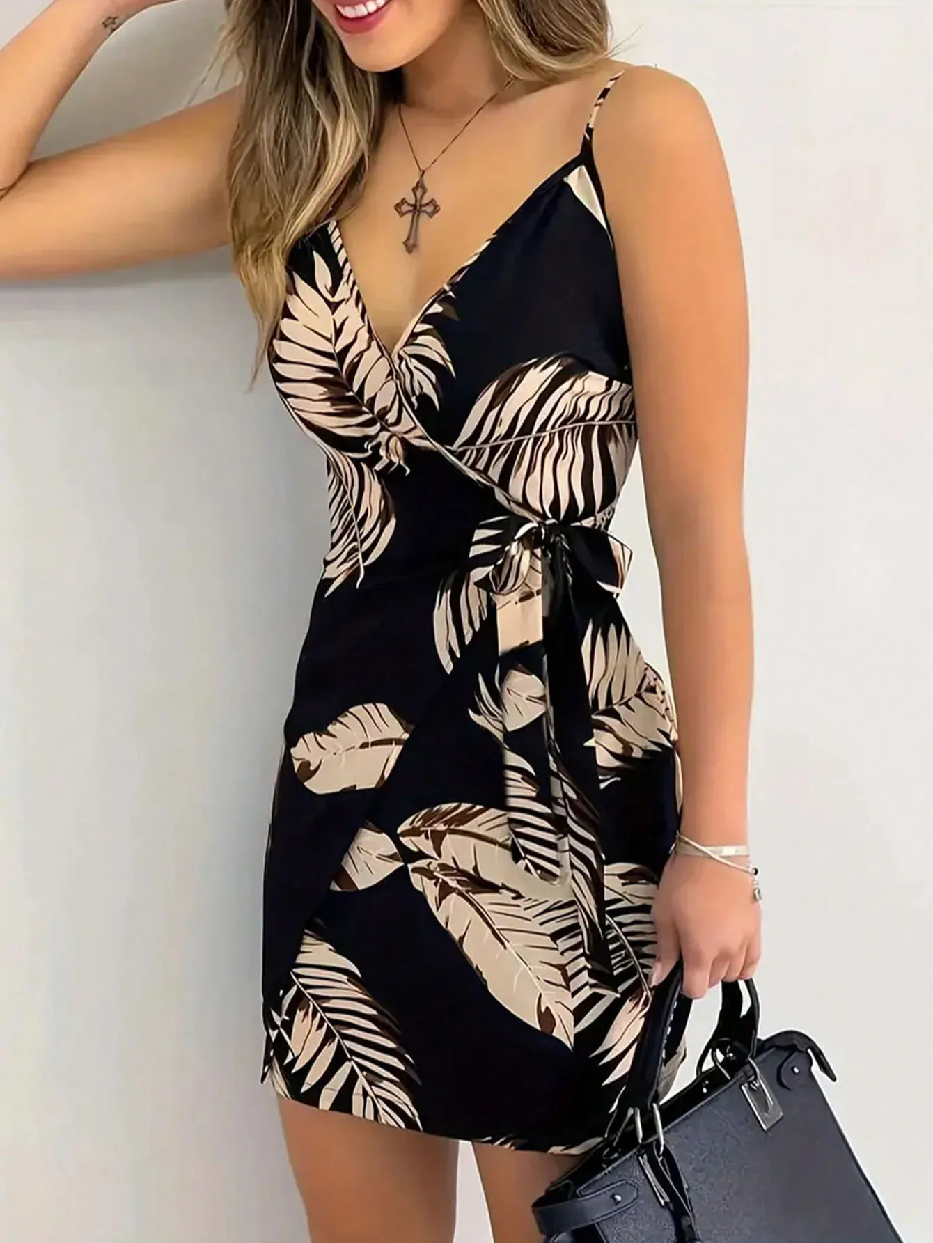 

Women's Palm Leaf Print Spaghetti Strap Wrap Mini Dress, Summer Casual