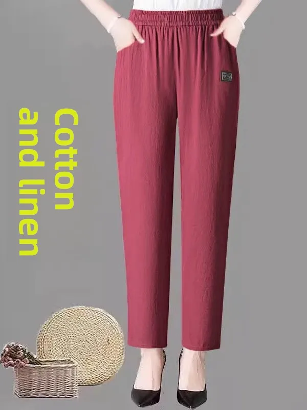 ฤดูร้อนใหม่ผ้าฝ้ายลินินผู้หญิงสบายๆกางเกงหลวมยืดหยุ่นเอวบาง Harem กางเกงเกาหลี Sle เอวสูงเก้าจุดกางเกง