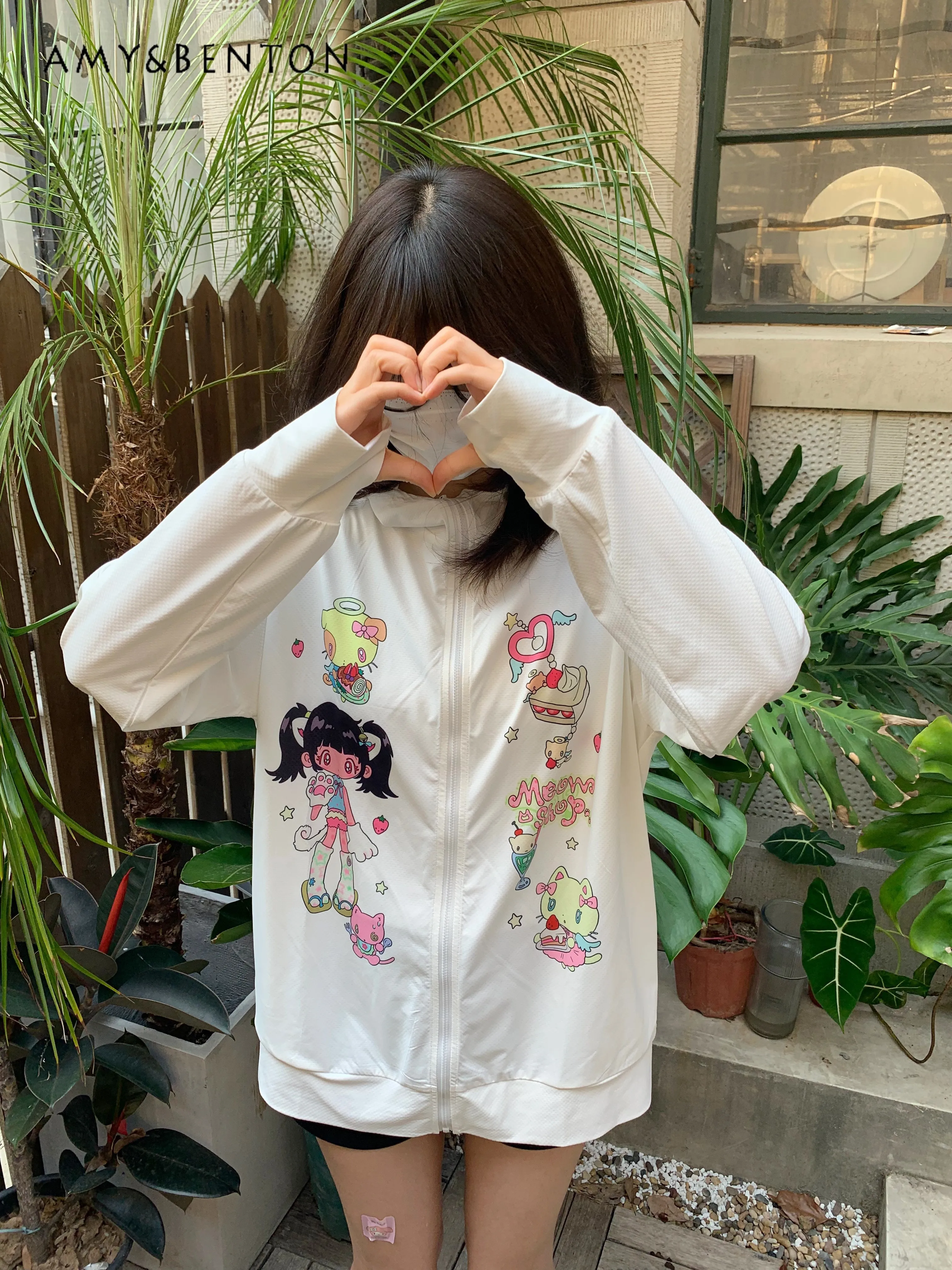 

Original Cute Two-dimensional Animation Printed Hooded Thin Sunscreen Jacket Summer New Sweet Cool Girl Loose Casual Coat Women