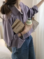 Jielur Dark Purple Long-sleeved Chiffon Blouse Female Spring Summer Leisure White Shirts Women Casual Solid Color Simple Blouses