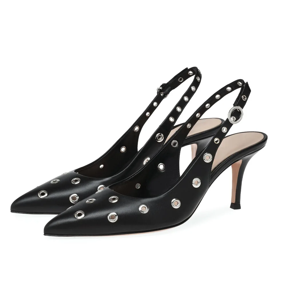 Studded Jibbitz Eyelets Black Large Size Fashionable Pointed Toe Women's Shoes Buckle Slingback Ladies' Trendy New High Heels