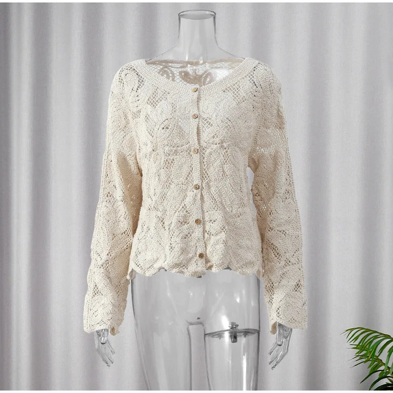 Women's Knit Shirt Cut-out Long Sleeve  O Neck Button Elegant 2024 Summer Vintage