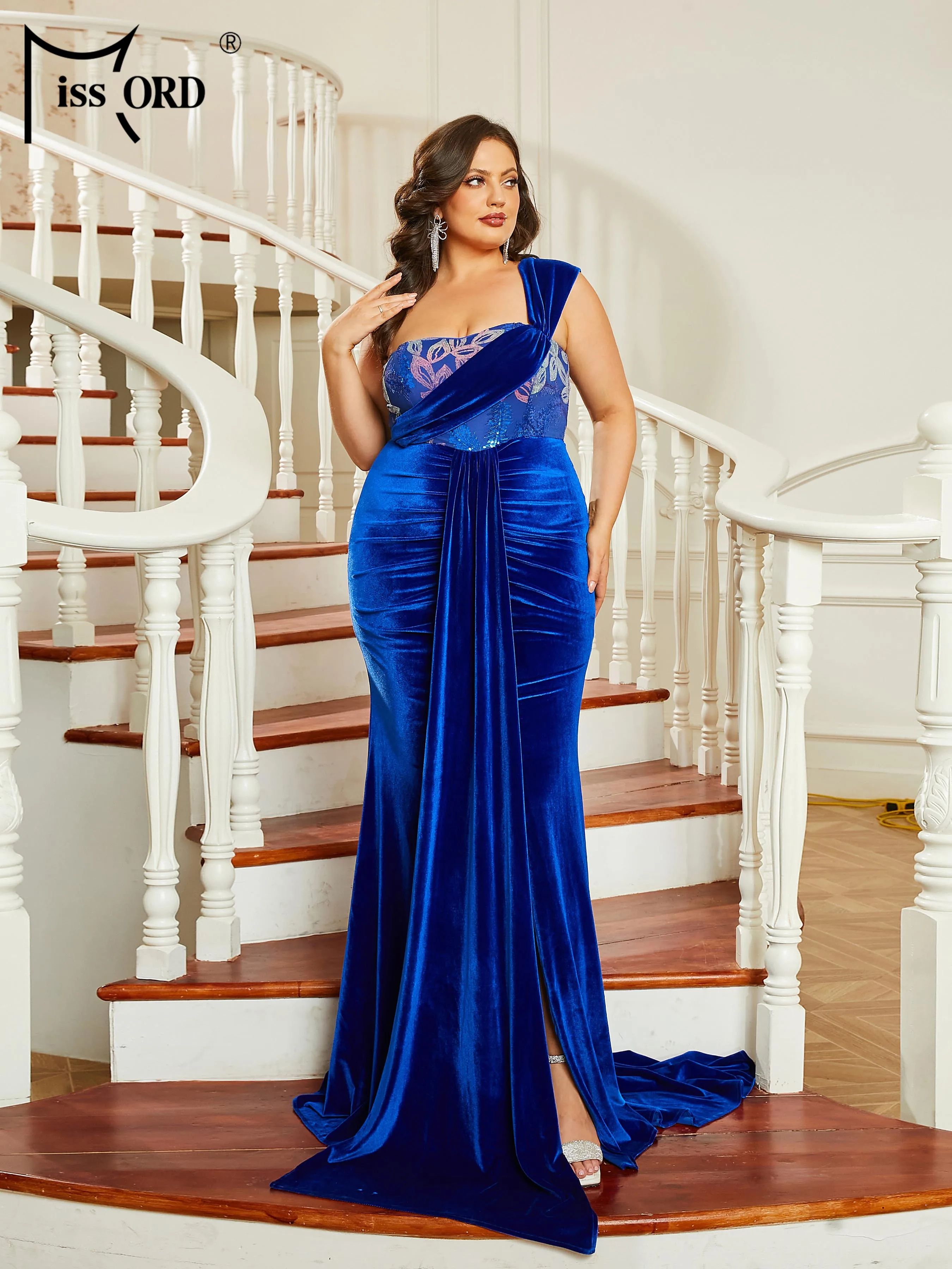 Missord Blue Velvet Plus Size Evening Dresses Women One Shoulder Print Sequin Draped Split Bodycon Maxi Party Dress Prom Gown