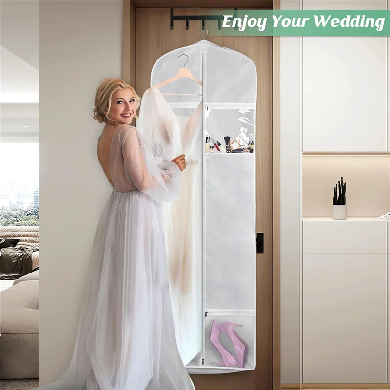 

LLCS-Portable 70In Dress Bags With Bride Tote Bag 8In Gusseted Dress Bags For Gowns Long 4 Pockets Dress Cover