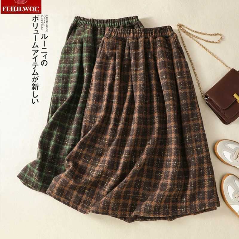 Art Mori Girls Woolen Skirts New 2025 Autumn Winter Basics Woman Cute Sweet Japanese Preppy Style Retro Vintage Long Plaid Skirt