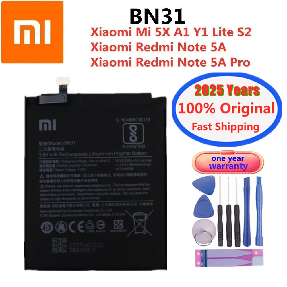 2025 Years 3000mAh BN31 100% Original Battery For Xiaomi Redmi Note 5A / Note 5A pro Mi 5X A1 Y1 Lite Redmi S2 Phone Battery