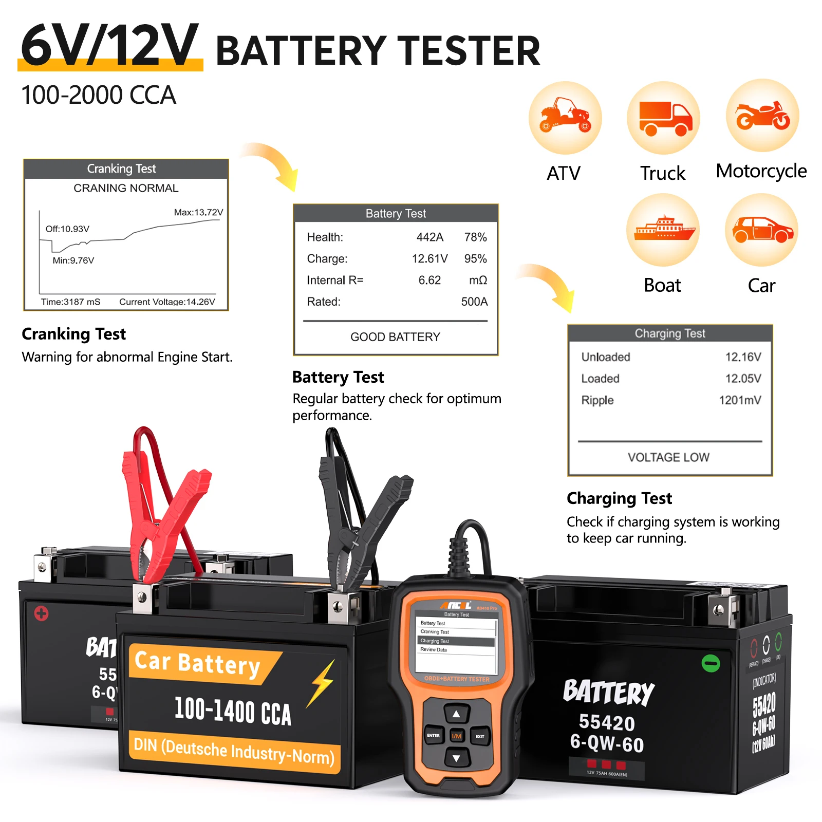 ANCEL AD410 Pro Automotive Scanner Full OBD2 Code Reader Battery Tester Engine Check Battery System Test OBD Car Diagnostic Tool