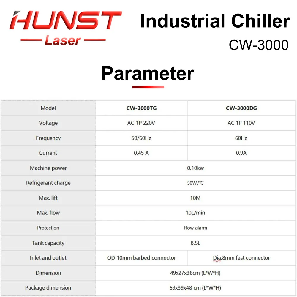 Imagem -04 - Hunst-s & um Refrigerador de Água Industrial Cw3000 para a Máquina de Corte Gravura do Co2 40w 50w 60w 80w Tubo do Laser Dg110v Tg220v