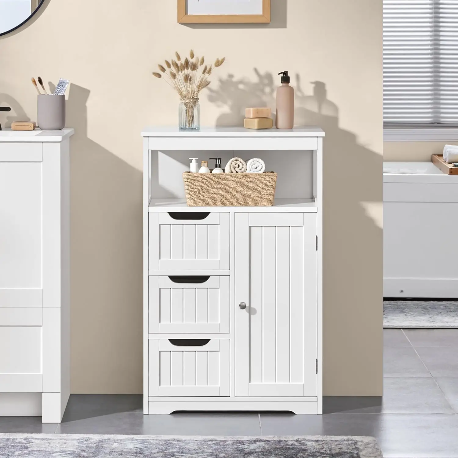 

Bathroom Floor Cabinet Wooden Storage Organizer with 1 Door and 3 Drawers, Free-Standing Cupboard, Customized