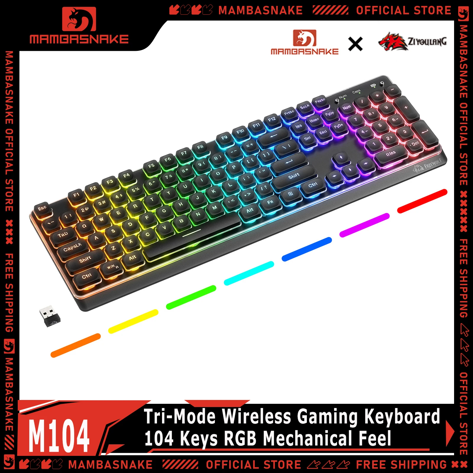Teclado Gamer Sem Fio ZIYOULANG M104 Tri-Modo com 104 Teclas, Retroiluminação RGB e Sensação Mecânica Recarregável para PC, Laptop e Mac