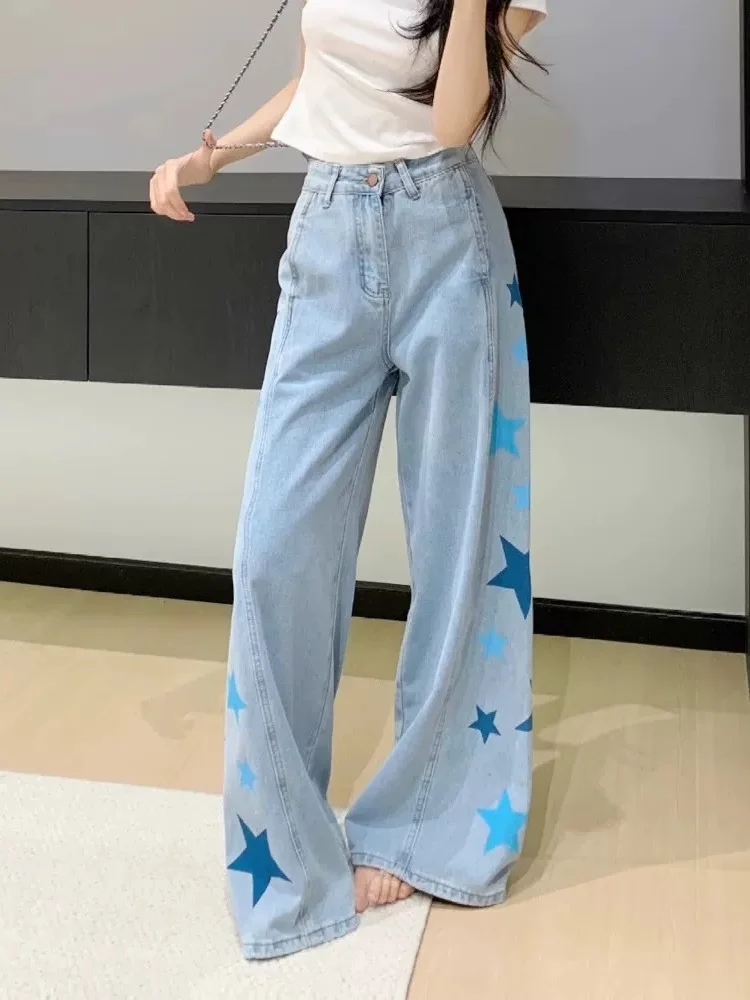 กางเกงยีนส์ผู้หญิงทรงแบ็กกี้สีน้ำเงินฟอกลายดาวสไตล์ Y2K ปี 2025 เสื้อผ้าผู้หญิงลำลองผ้าฝ้ายเดนิม