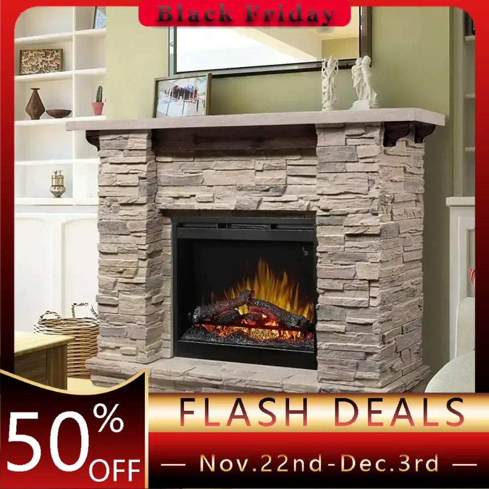 Featherston Electric Fireplace with Mantel Surround Package | Pine with Gray Stone-Look, Includes 28