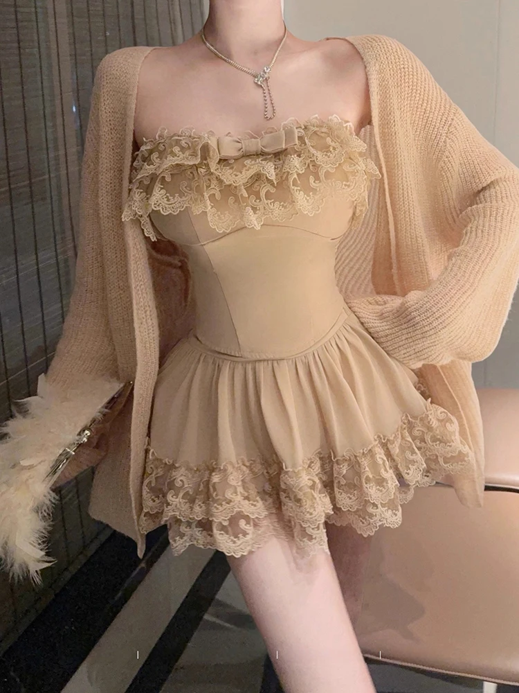 REDDACHiC Cutecore 3-قطعة المرأة مطابقة مجموعة القوس مشد صديرية دائرية الدانتيل تقليم تنورة صغيرة متماسكة طويلة الأكمام سترة الخريف الملابس