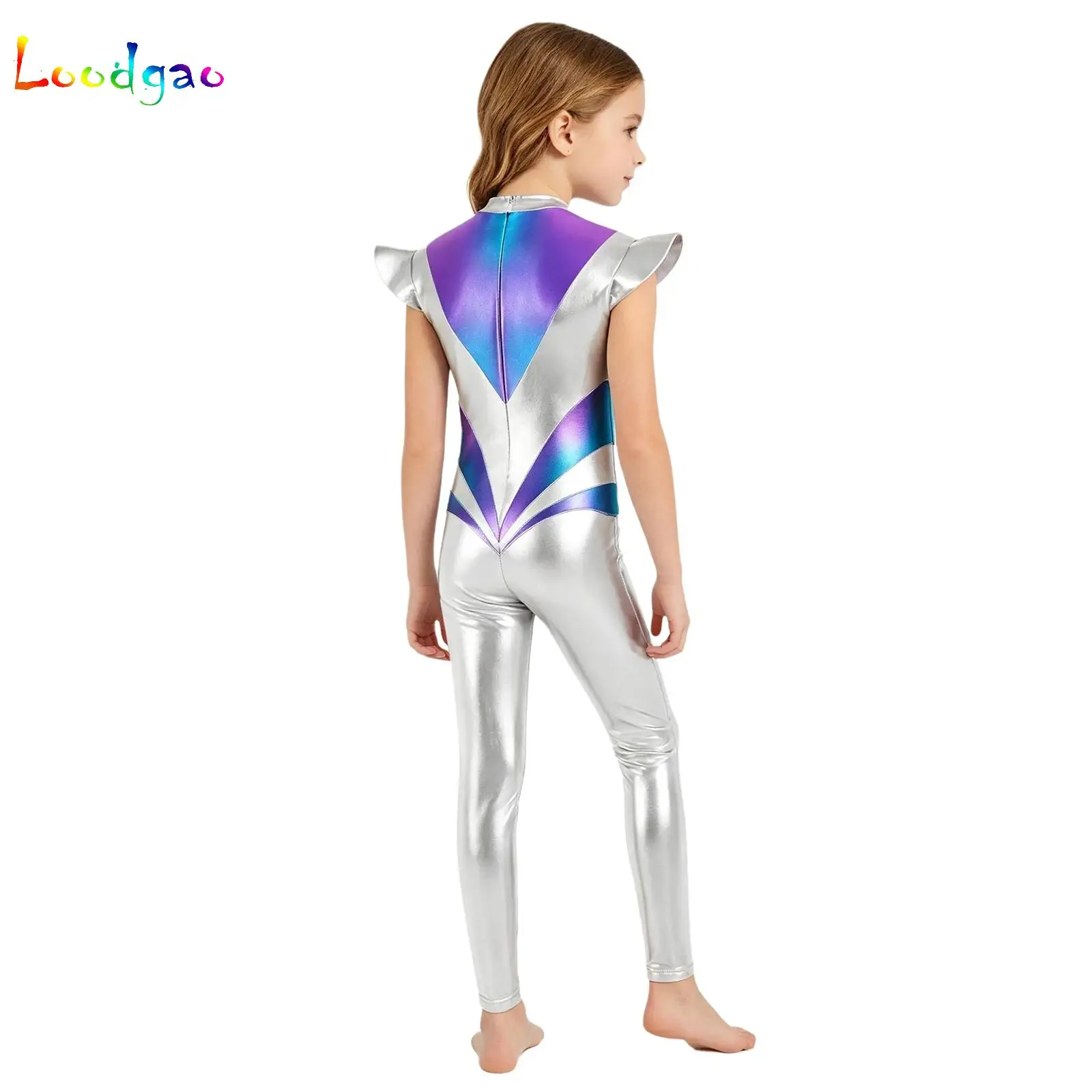 

Girls Metallic Gloss Astronaut Alien Costume Fly Sleeve Back Color Block Unitards for Carnival Themed Party Stage Performance