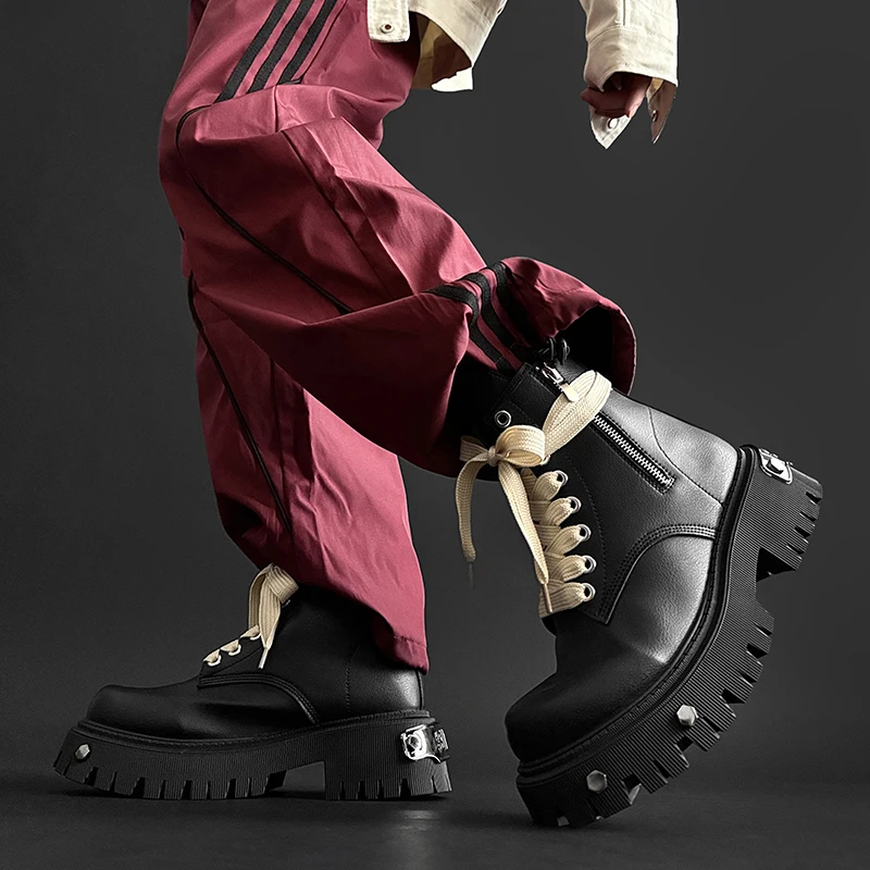 

Men's Platform Woman Sneakers Leather Lace Up Gothic Heels Luxury Vintage Trendy Designer Black Male Boot High Top Shoes