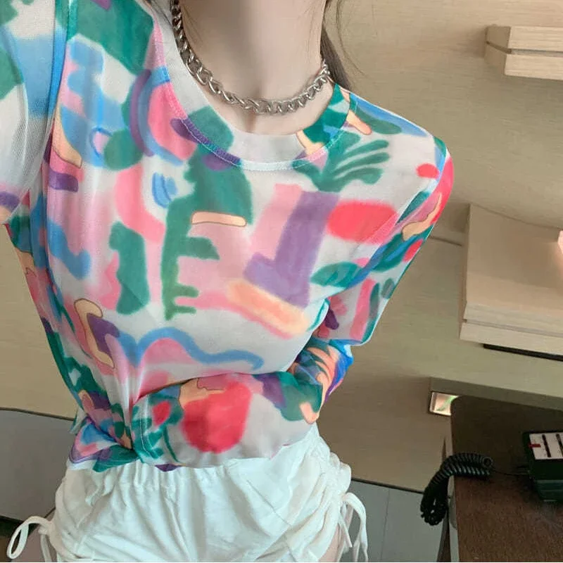 Mesh Sunscreen Shirt Women\'s Thin Summer Long Sleeve T-shirt French Niche Cropped Top Beautiful Small Shirt