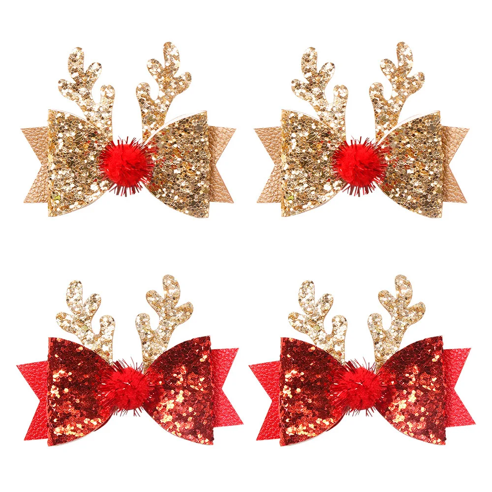 

10pcs Gold/Red Glitter Reindeer Bowknot Hairpins PomPom Bow Hair Clips XMAS Party Headwear Boutique Hair Accessories for Girls