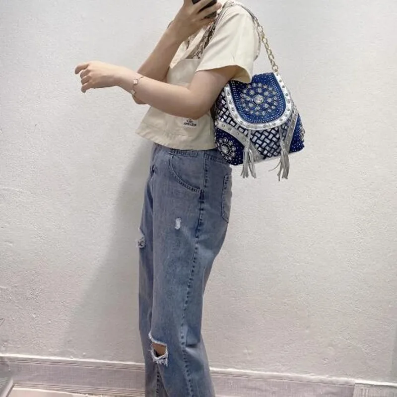 Bag handbags new 2023 fashion denim bag canvas multi-function bag woven belt diamond bag single shoulder tassel bag