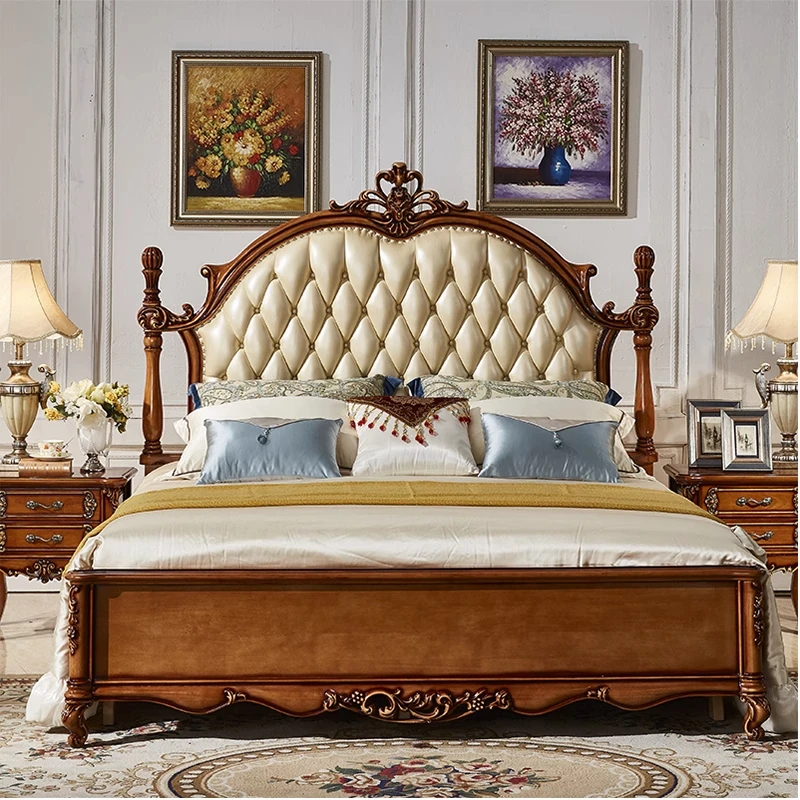 *&American Country Style Solid Wood Modern European Carved Light Luxury Retro Soft Package Bed Wedding Bed Storage Bed