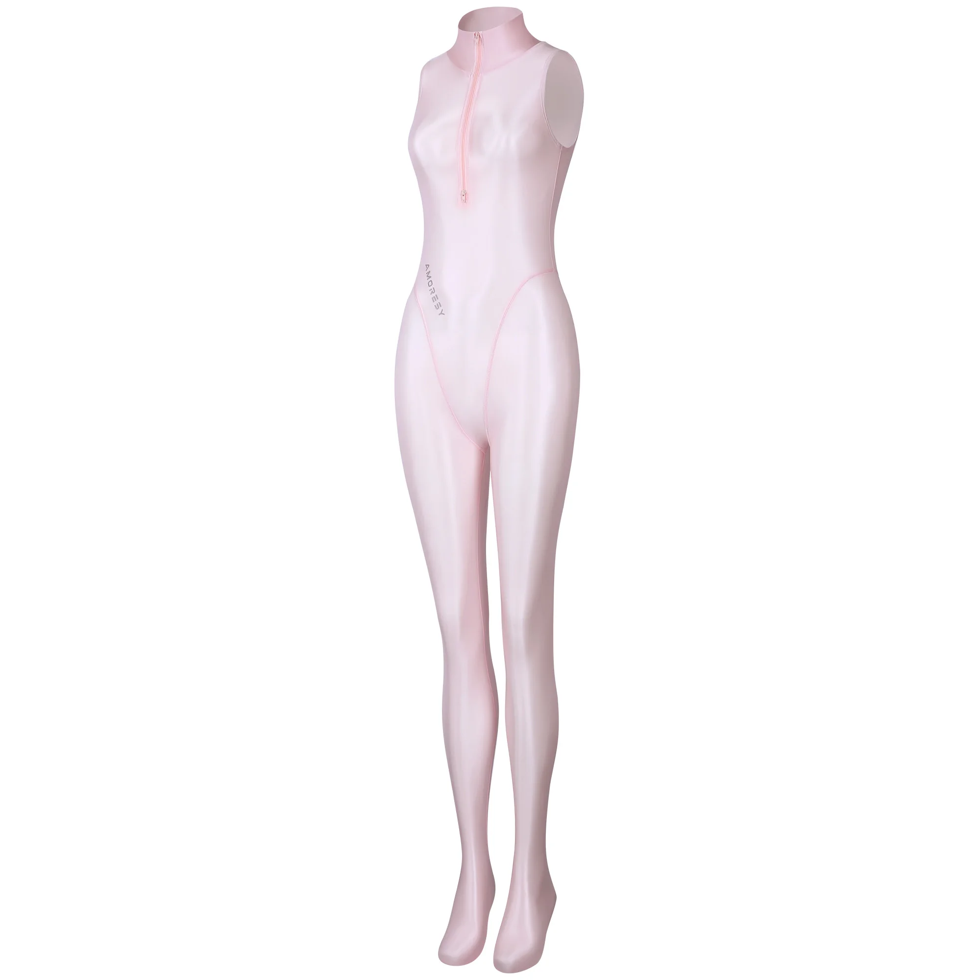 AMORESY dünner, glänzender, ölglatter, bidirektionaler Frontreißverschluss-Jumpsuit, einfarbiger, hochgeschlossener, ärmelloser Badeanzug – Detail 9
