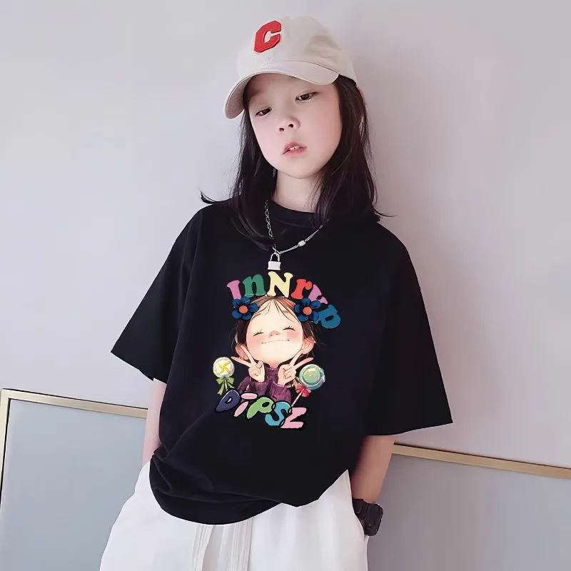 Trendy Cute Girl Cartoon Printed Children's T-shirt New Pure Cotton Breathable Parent-child Outfit Summer Round Neck T-shirt