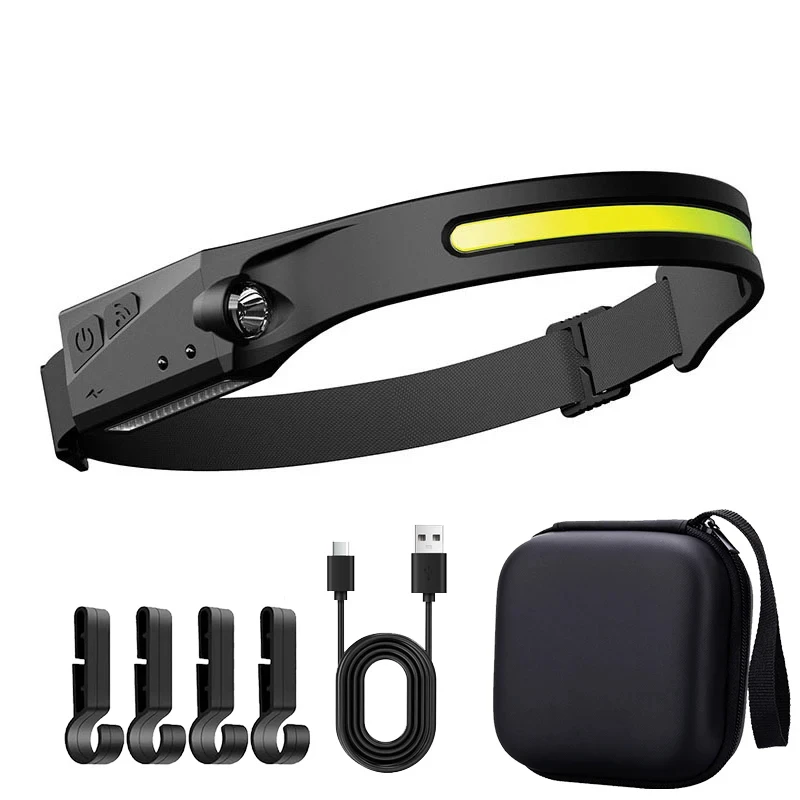 LED COB Induktions-Stirnlampe, USB wiederaufladbar, 5 Beleuchtungsmodi, Lampe mit eingebautem Akku für Outdoor-Camping, Angeln