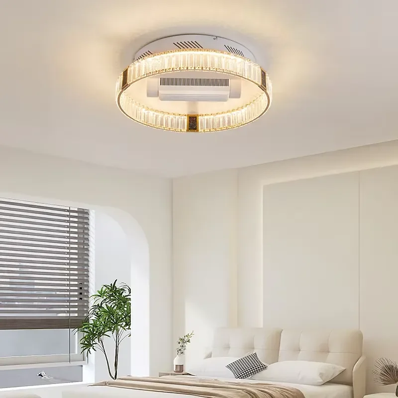 Modern Art Design LED Ceiling Fans Hotel Villa Bedroom Crystal Iron Copper Remote Control Three Color Dimming Fan