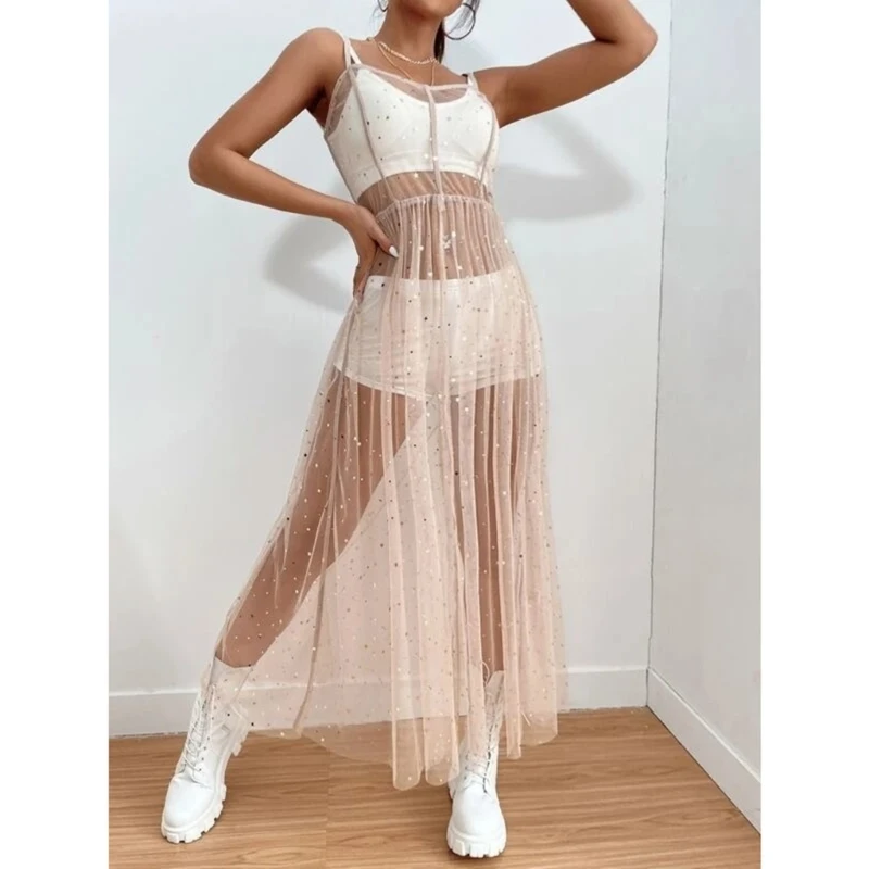 Vestido largo plisado para cubrir traje baño malla transparente con lentejuelas estrella sin mangas para mujer