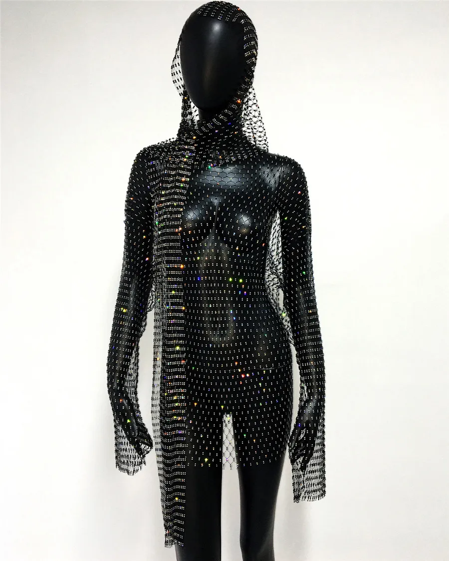 Brilhante strass capuz vestido de malha pura feminino festa chapelaria gótico fishnet boné manga longa solto vestido curto 2 peças conjunto vestido