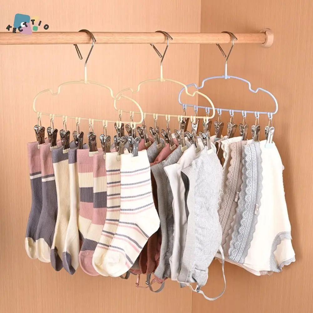 

5Pcs Stainless Steel Clothes Hanger with 8 Clips Windproof Non-slip Clothes Drying Rack Space-saving Sock Hangers Closet Storage