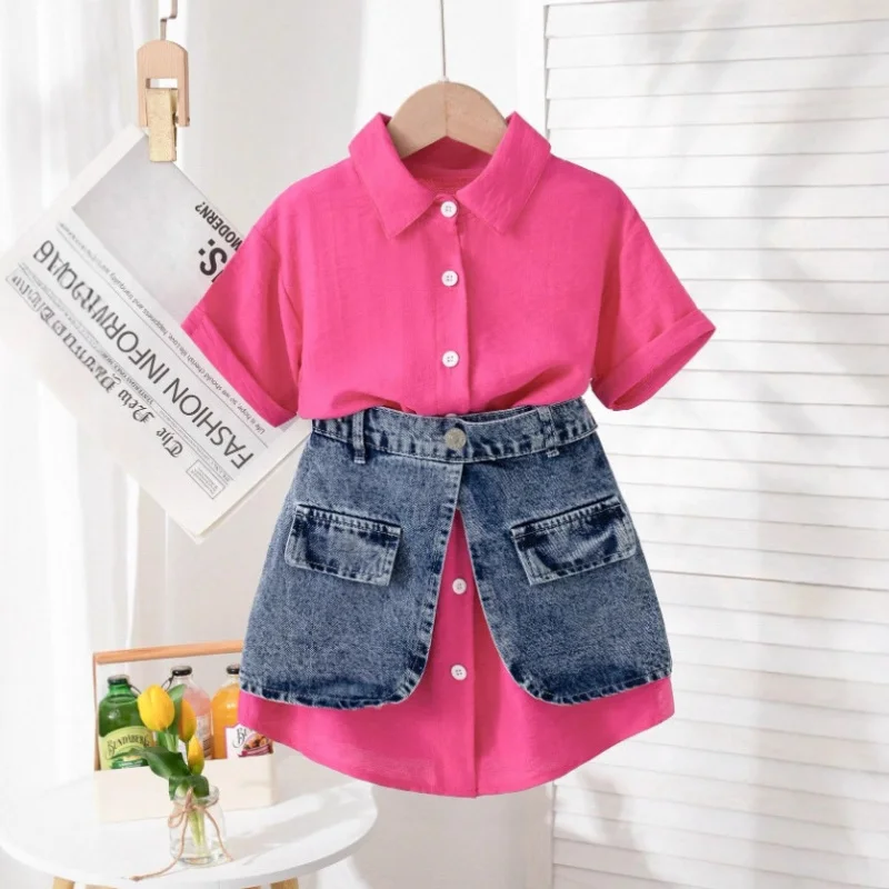 

2026Children's summer short-sleeve shirt+Denim waist skirt decoration new fashion two-piece set for girls