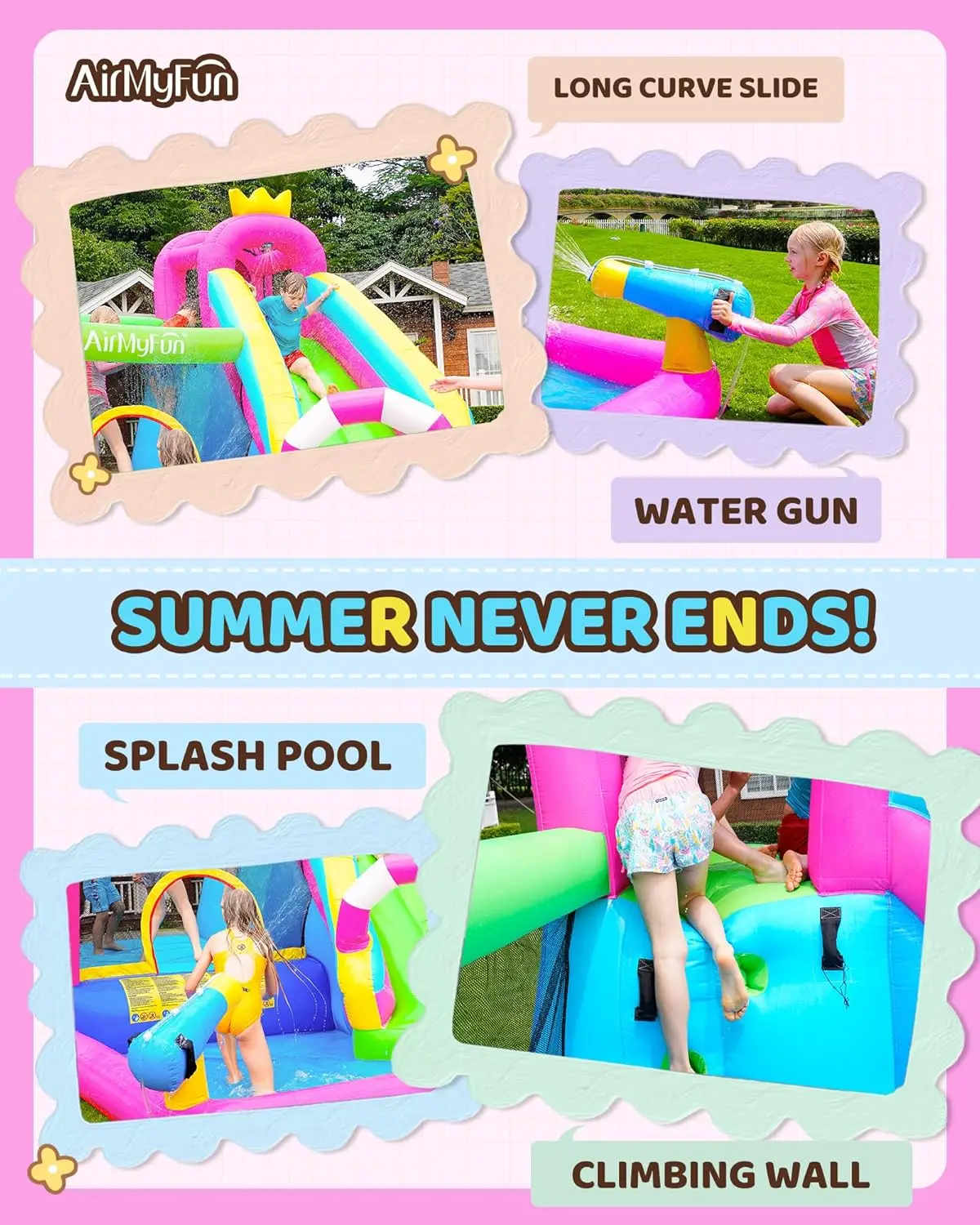 대형 어린이용(8-12세) 분홍색 공주님 풍선 워터 슬라이드 바운스 하우스 (긴 슬라이드 및 물총 포함)