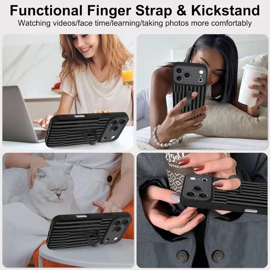 트렌디한 스트라이프 디자인의 아이폰 17 프로 호환 폰 케이스, 손가락 스트랩과 킥스탠드가 있어 휴대성 향상