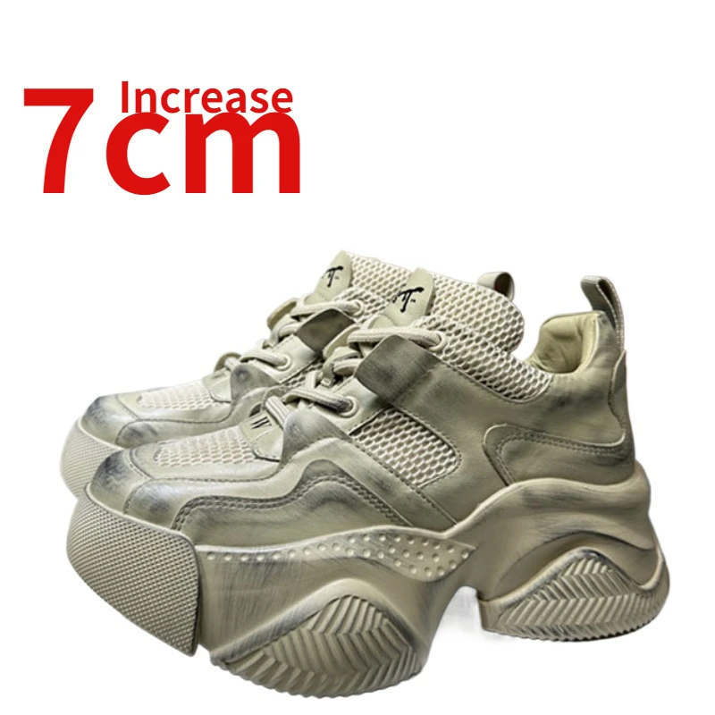 

European/American Boutique Casual Sneakers Increased 7cm Genuine Leather Thick Bottom Sports Shoes for Women's Street Dad Shoes