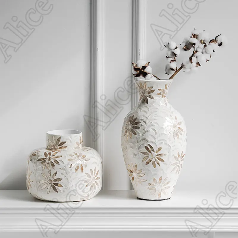 

French Cream Style Shell Wooden Vase European Living Room Decoration Porch TV Cabinet Desktop Flower Arrangement Vases Ornaments