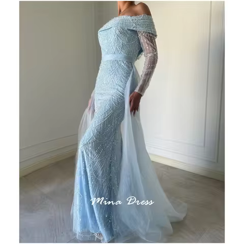 Mina Customized Light Blue Arabic Evening Dress Luxury Party Dress Backless. Beads Dresses for Special Events One Shoulder Prom