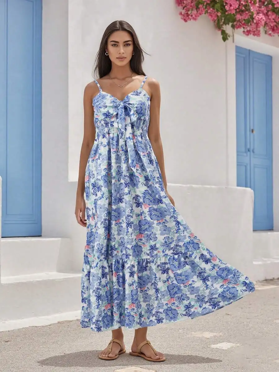 

Women Sleeveless V-Neck Floral Maxi Dress Boho Summer Long Dress For Cocktail Party