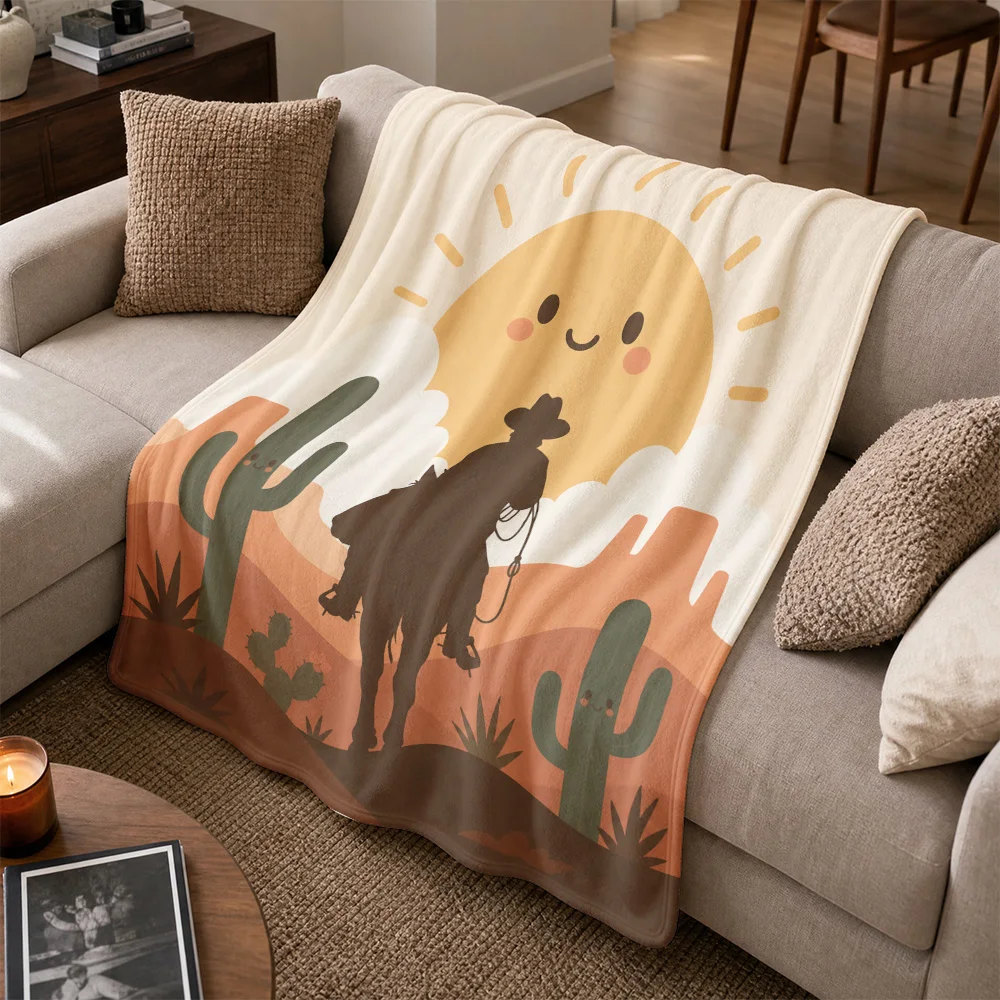 Decorative Southwest Cactus Sunset Throw Blanket Boho Cowboy Print Cozy Couch Sofa Cover for Living Room Decor Home Gift