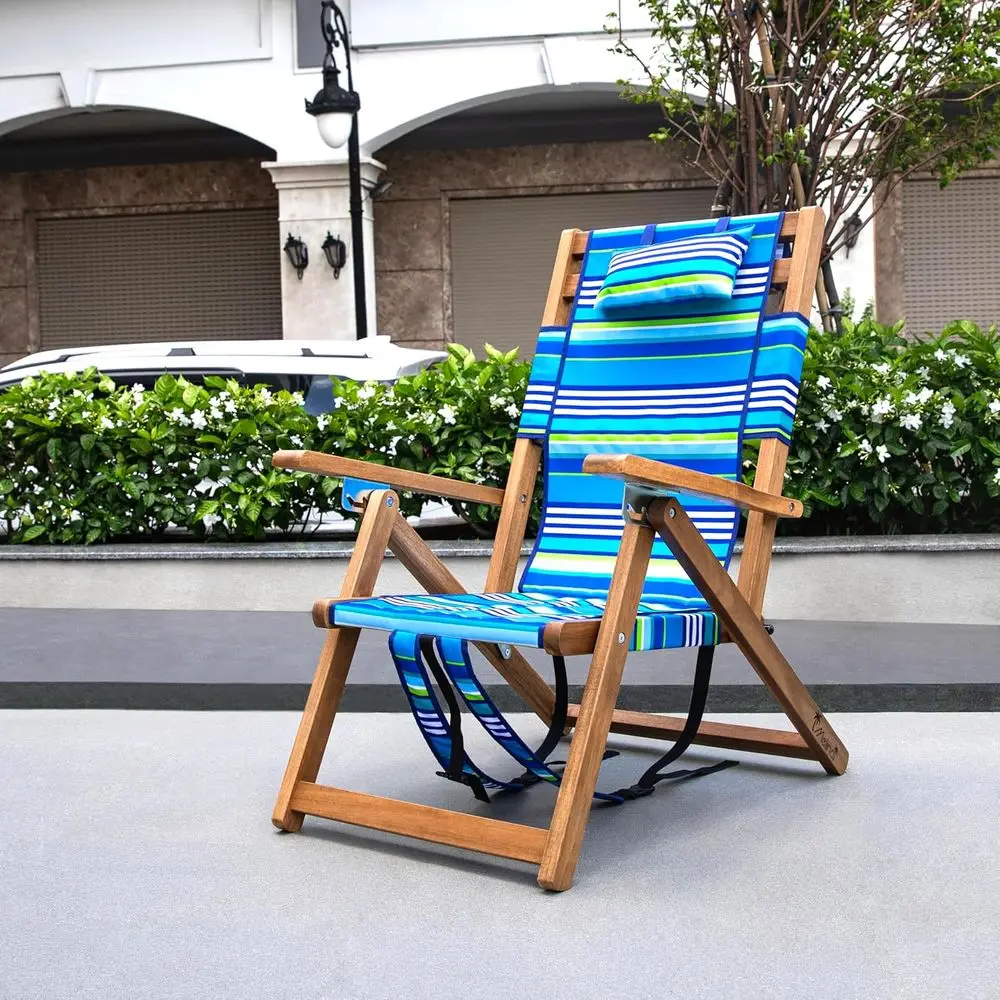 كرسي خارجي قابل للطي من خشب السنط مع 3 أوضاع، مقعد حبال، وسادة، جيب بسحاب، حزام حمل - سعة 225 رطلاً لـ #2