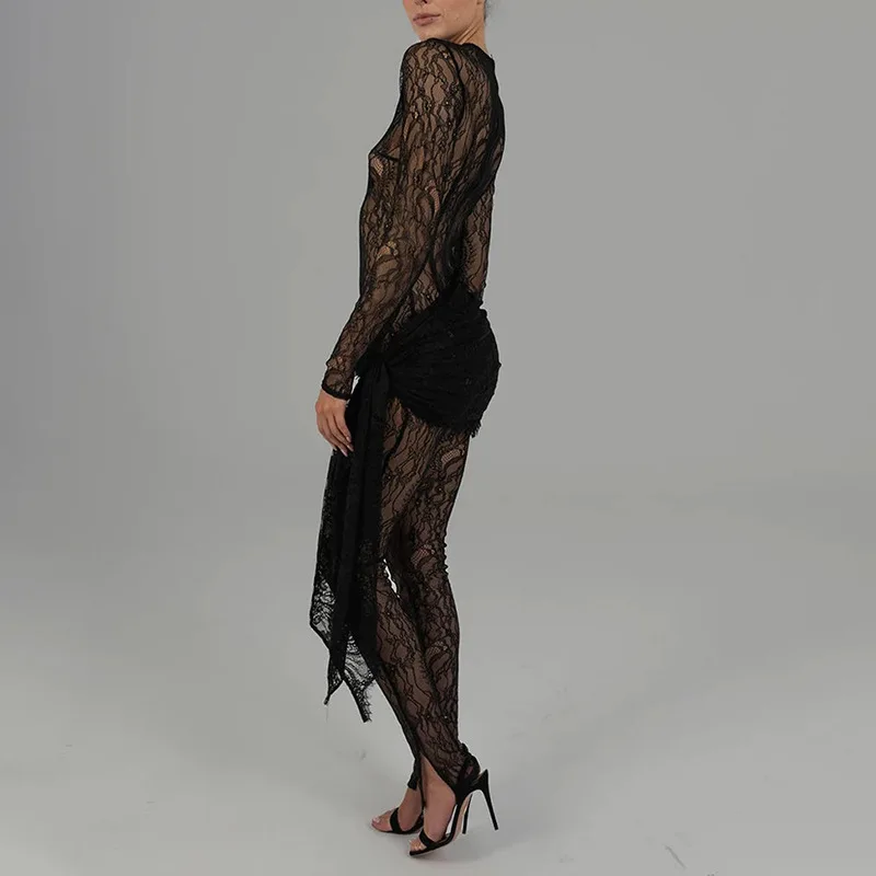 2025年夏新作セクシーファッション透かしレースシースルー長袖パッチワークスリムフィットジャンプスーツ（レディース）