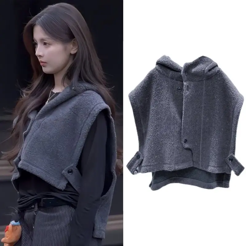 

Celebrity Same Style Gray Hooded Short Vest Age-Reducing Casual Spring Layered Straight Pants Vest For Women